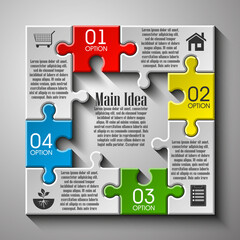 Four sided 3d puzzle presentation infographic template with explanatory text field for business statistics
