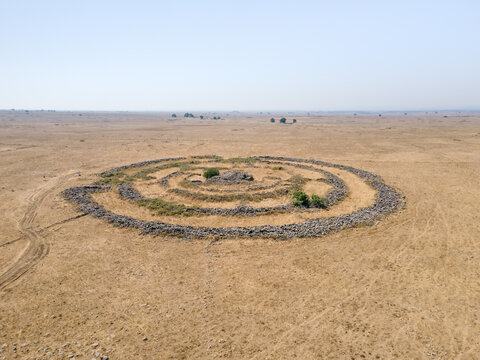 The remnants  of the megalithic complex of the early Bronze Age&nbsp; - Wheels of Spirits - Rujum Al-Hiri - Gilgal Rephaeem - on the Golan Heights in Israel