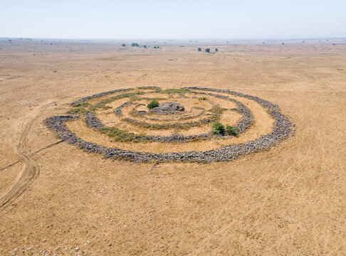 The remnants  of the megalithic complex of the early Bronze Age&nbsp; - Wheels of Spirits - Rujum Al-Hiri - Gilgal Rephaeem - on the Golan Heights in Israel