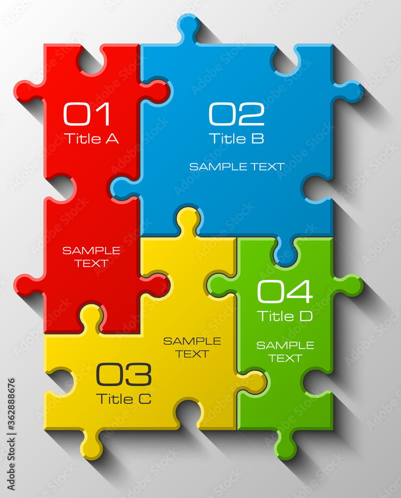 Fototapete Four sided 3d puzzle presentation infographic template with explanatory text field for business statistics