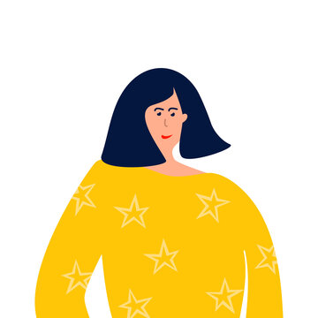 The face of a brunette girl on white background. Portrait of woman with black hair. Vector flat illustration for social media
