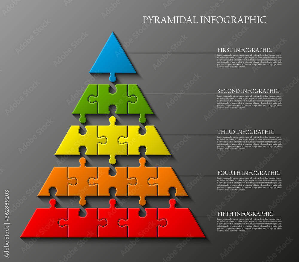 Leinwandbilder five levels pyramid puzzle presentation infographic template with explanatory text field for busines