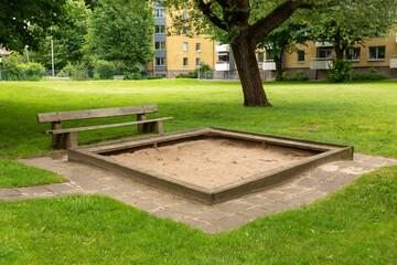 park, sandbox, sand, bench, grass, green, no people, empty, urban, tree, game, games, city,...
