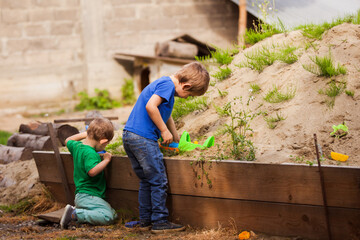 Two little brothers play together in the sandbox