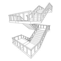 Wireframe stairs, interior staircases steps with railing. Wireframe low poly mesh vector illustration.