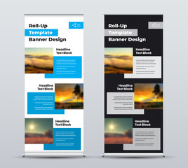 Vector roll up banner with design, photo squared and text with description in white and black colors for advertising.