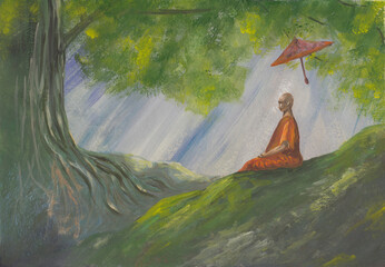 Acrylics painting of asian forest & meditating Buddhist monk in orange robe. Hand drawn oriental style landscape with layers of rocks. Concept for decoration, relax, restore, meditation background.