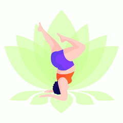 Vector illustration of a full girl who stands on her head on a lotus background in flat style. Happy body positive concept. Happy woman yoga with weight plus size.