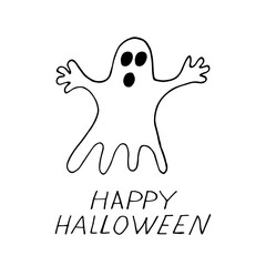 Happy Halloween ghost and lettering. Hand drawn in doodle style. vector, scandinavian, monochrome. Template for design, sticker, card, poster, invitation, party decor
