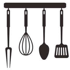 Kitchen tools on a hanger. . Isolated vector illustration on white background.