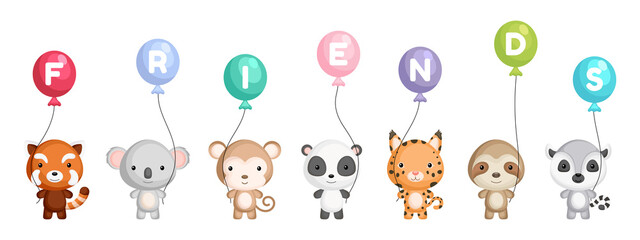 Group of cute animals. Cartoon animals stand and hold balloons in their hands. World animals day. Happy friendship day. Set of characters isolated on white background. Vector stock illustration.