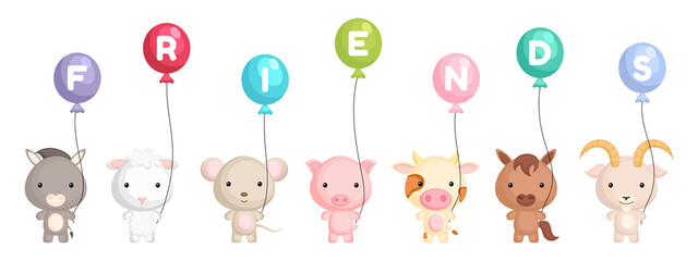 Group of cute animals. Cartoon animals stand and hold balloons in their hands. World animals day. Happy friendship day. Set of characters isolated on white background. Vector stock illustration.