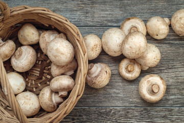 White mushrooms and basket on the wooden surface