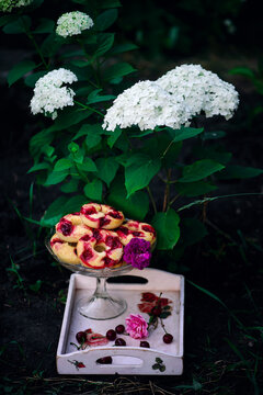 Baked cherry dougnuts in the garden