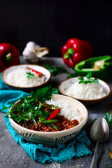 Chili con carne in ceramic bowl.style rustic