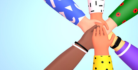 Web banner with group of people putting their hands together on each other. Friendship, partnership, teamwork, community, team building concept. 3d render illustration in trendy cartoon style
