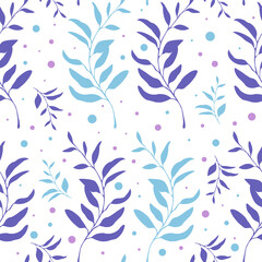 Seamless pattern of magenta, violet and blue branch with leaves and circles for textile industry, pillows, posters, t-shirts or print design. Cartoon nature vector illustration on white background