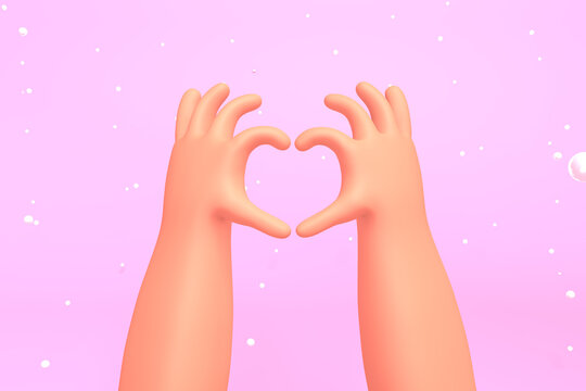 Human hands making gesture of heart shape. Pink color background. Love concept.  Valentines day.  3d render illustration in cute cartoon style.