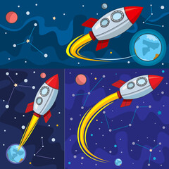 Fototapeta premium Rocket in space, set of 3 color illustrations