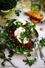 Pulled pork and vegy hash arugula chmichurri. selective focus