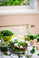 Pulled pork and vegy hash arugula chmichurri. selective focus