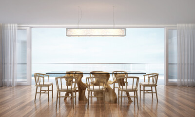 Modern beautiful interior design of dining room and concrete wall texture background and sea view