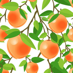 Seamless pattern of ripe peaches on branch with leaves for textile industry, textures, pillows, posters, tshirts or print design. Cartoon vector illustration of fresh fruits on white background