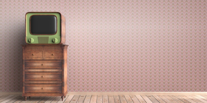 Fototapeta Vintage TV on a chest of drawers, house room interior background. 3d illustration