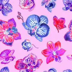 Deurstickers Orchidee Naadloze orchidee patroon in paarse kleuren op een roze achtergrond, aquarel illustratie, print voor stof en andere ontwerpen.