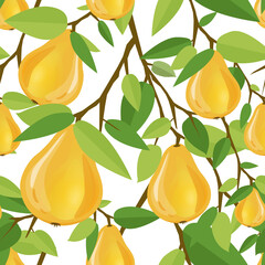 Ripe yellow pears on branch with green leaves. Seamless pattern for textile industry, textures, pillows, posters, t-shirts or print design. Cartoon vector illustration of fruits on white background