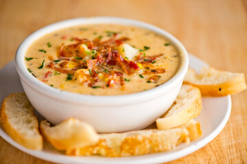 Soups. Homemade savory beef or chicken stock soups. Traditional classic american restaurant menu favorite. Bacon cheddar soups and chicken vegetable. 