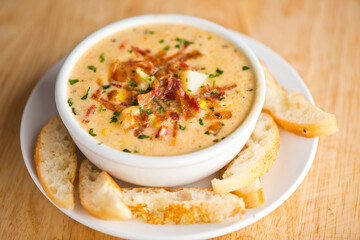 Soups. Homemade savory beef or chicken stock soups. Traditional classic american restaurant menu favorite. Bacon cheddar soups and chicken vegetable. 