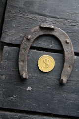 The key to financial luck concept. Vintage background. Horseshoe and a golden dollar.