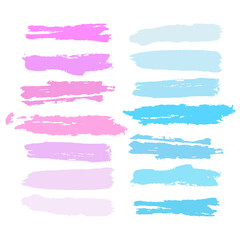 Watercolor paint brush strokes set of pink, neon purple ink splatters. Grunge paintbrush texture, abstract blobs and splashes, vector light color smear, daub. Pastel palette