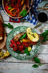 sausage ratatouille in the vintage plate..style rustic