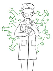 graphic doctor with virus isolate on white background protection planet treatment medicine pandemic vector outline illustration