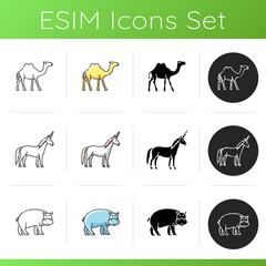 Real and fantasy animals icons set. Linear, black and RGB color styles. Exotic wildlife. Diverse herbivore mammals. Exotic hippopotamus, two humped camel and unicorn. Isolated vector illustrations