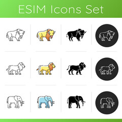 Domestic and wild animals icons set. Linear, black and RGB color styles. American bison, african elephant and lion. African and north american wildlife. Isolated vector illustrations