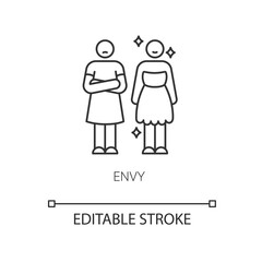 Envy pixel perfect linear icon. Negative emotion thin line customizable illustration. Jealousy contour symbol. Happy and envious person vector isolated outline drawing. Editable stroke