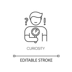 Curiosity pixel perfect linear icon. Personal quality thin line customizable illustration. Contour symbol. Curious person holding magnifying glass. Vector isolated outline drawing. Editable stroke
