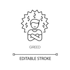 Greed pixel perfect linear icon. Bad personal trait, negative quality, thin line customizable illustration. Contour symbol. Greedy person vector isolated outline drawing. Editable stroke