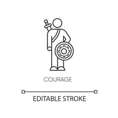 Courage pixel perfect linear icon. Feeling of bravery thin line customizable illustration. Contour symbol. Brave person, hero with sword and shield vector isolated outline drawing. Editable stroke