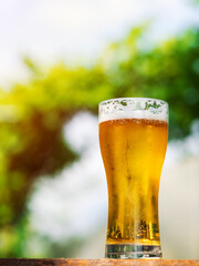 A glass of icy refreshing light beer on a summer background