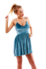 Fototapeta premium Young beautiful woman with fashion dress on white background