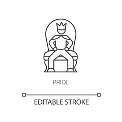 Pride pixel perfect linear icon. Arrogant behaviour thin line customizable illustration. Contour symbol. Proud person sitting on throne vector isolated outline drawing. Editable stroke