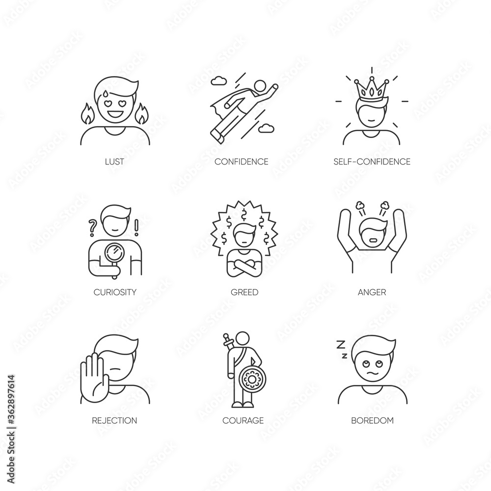 Poster human emotions pixel perfect linear icons set. different psychological states and negative emotions 