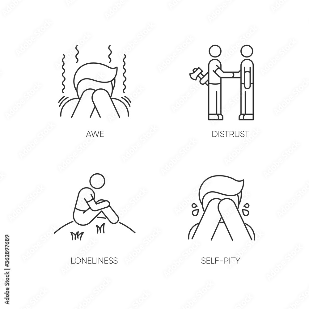 Poster negative emotions and bad feelings pixel perfect linear icons set. customizable thin line contour sy