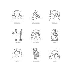 Negative feelings pixel perfect linear icons set. Bad emotions, mental states customizable thin line contour symbols. Emotional expressions. Isolated vector outline illustrations. Editable stroke