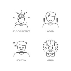 Negative feelings and bad traits pixel perfect linear icons set. Customizable thin line contour symbols. Self confidence, worry, boredom, greed. Isolated vector outline illustrations. Editable stroke