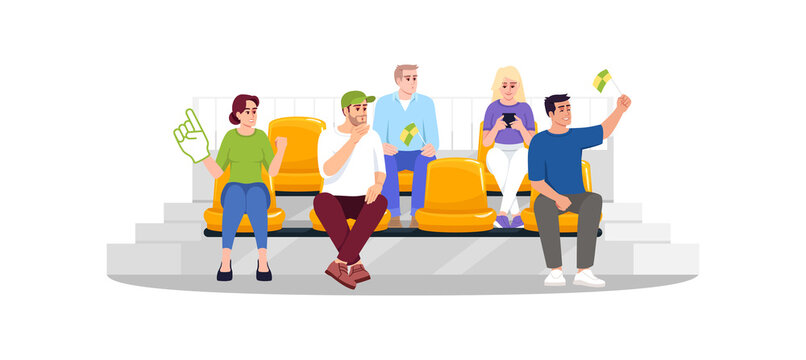Football fans sitting on seats semi flat RGB color vector illustration. People watching competition, game. Soccer, baseball supporters with flags. Isolated cartoon character on white background